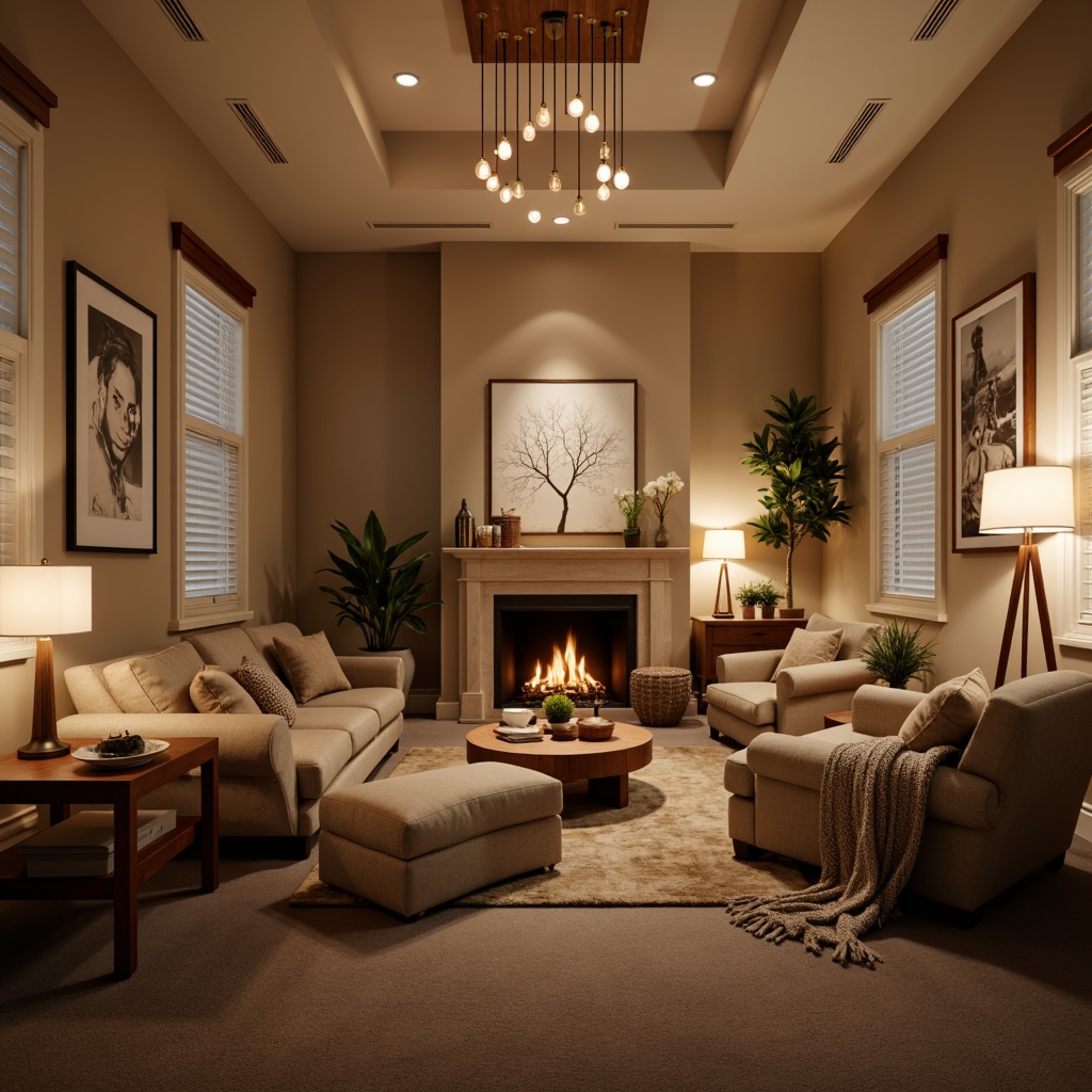 Prompt: Cozy living room, warm beige walls, plush furniture, soft carpeting, floor lamps, table lamps, pendant lights, dimmable LED bulbs, warm white lighting, relaxing atmosphere, intimate seating areas, textured throw blankets, natural wood accents, elegant chandeliers, subtle shadows, 1/1 composition, shallow depth of field, realistic textures.