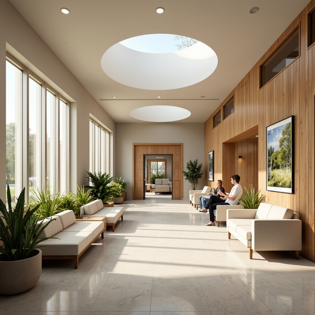 Prompt: Calming healthcare center, soothing color palette, pastel shades, gentle curves, natural materials, wood accents, earthy tones, serene atmosphere, warm lighting, comfortable seating areas, lush greenery, peaceful ambiance, modern medical equipment, minimalist decor, clean lines, spacious waiting rooms, calming artwork, soft fabrics, quiet corridors, gentle color transitions, 1/1 composition, realistic textures, subtle ambient occlusion.