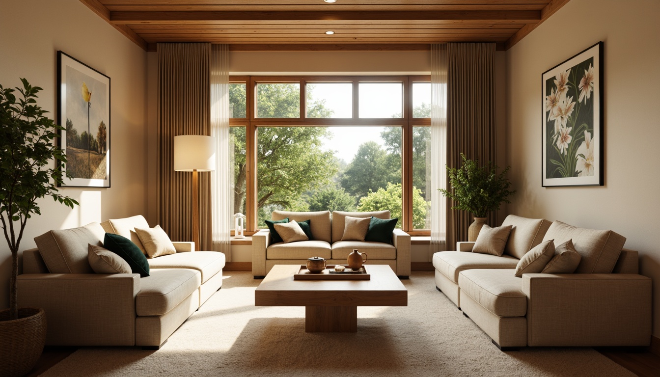 Prompt: Cozy living room, plush sofas, warm beige walls, soft carpet flooring, comfortable seating arrangements, natural wood coffee table, ambient floor lamps, large windows with curtains, greenery views, calming color palette, 3/4 composition, shallow depth of field, warm soft lighting, realistic textures, ambient occlusion.