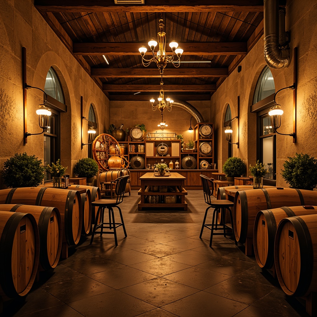 Prompt: Rustic winery interior, wooden barrels, vintage wine-making equipment, dim warm lighting, metal chandeliers, pendant lamps, candlelight, distressed wood accents, earthy tones, natural stone walls, arched ceilings, cozy nooks, intimate seating areas, soft warm glow, ambient shadows, dramatic highlights, industrial-chic decor, exposed ductwork, reclaimed wood tables, wine cellar atmosphere, rich aromas, warm beige colors, soft golden lighting, 1/1 composition, shallow depth of field, realistic textures.