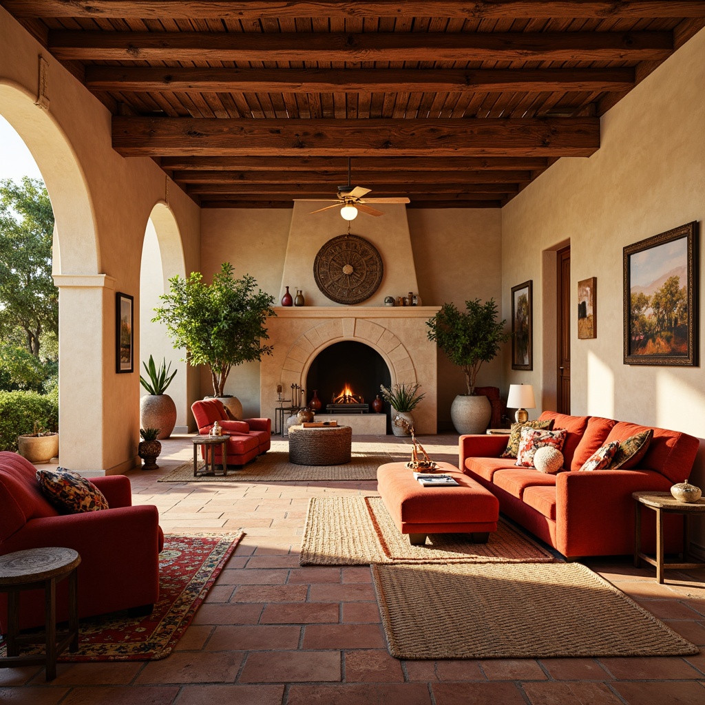 Prompt: Vibrant Mediterranean-style game room, warm beige walls, rich wooden accents, plush velvet sofas, ornate stone fireplaces, intricate Moorish patterns, colorful ceramics, woven wicker furniture, natural fiber rugs, lush greenery, warm golden lighting, shallow depth of field, 1/1 composition, realistic textures, ambient occlusion.