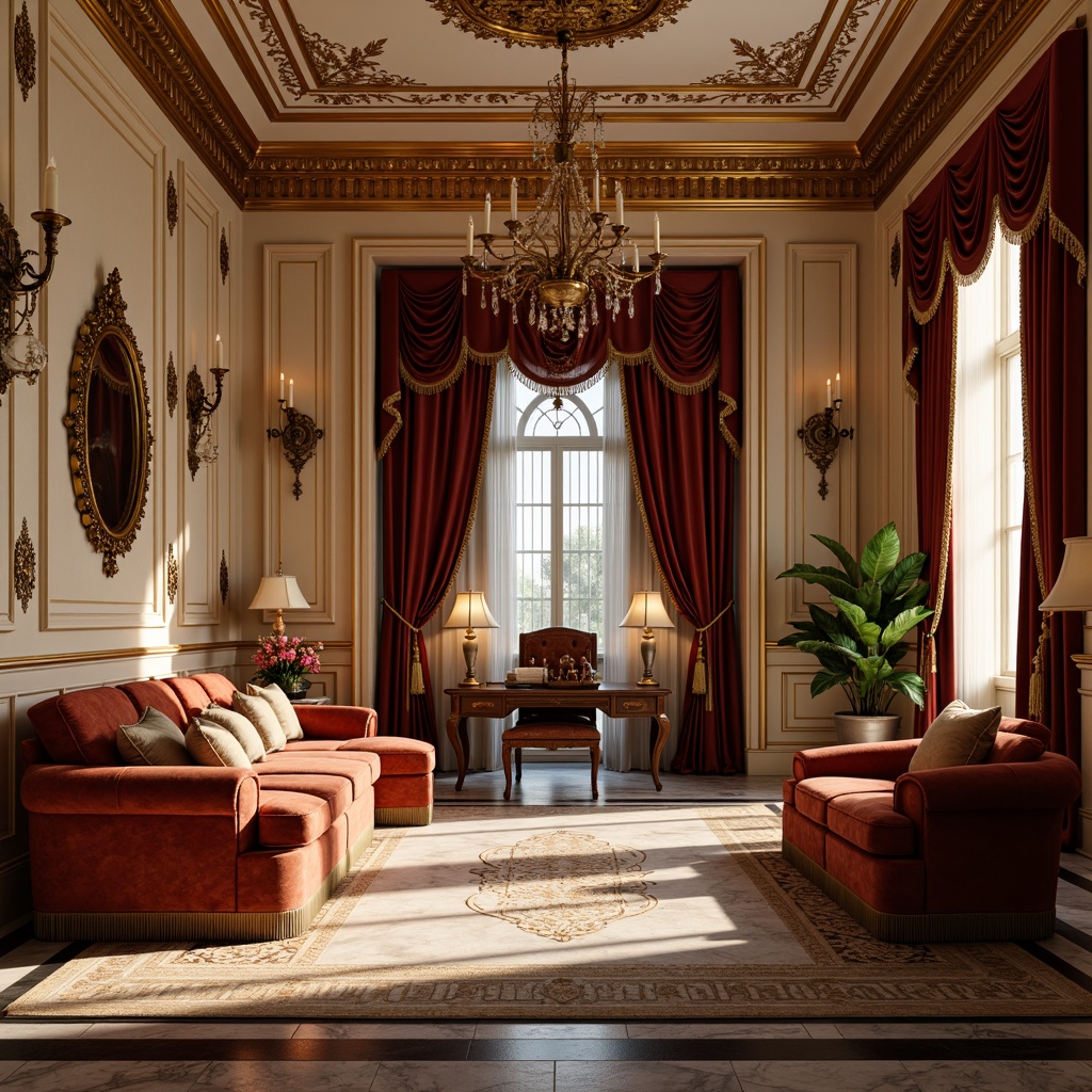 Prompt: Rich wood tones, ornate gold accents, soft cream walls, velvety red drapes, intricate marble floors, luxurious velvet furniture, ornamental plaster ceilings, grand chandeliers, warm golden lighting, dramatic shadows, 1/2 composition, symmetrical architecture, opulent textures, atmospheric rendering.