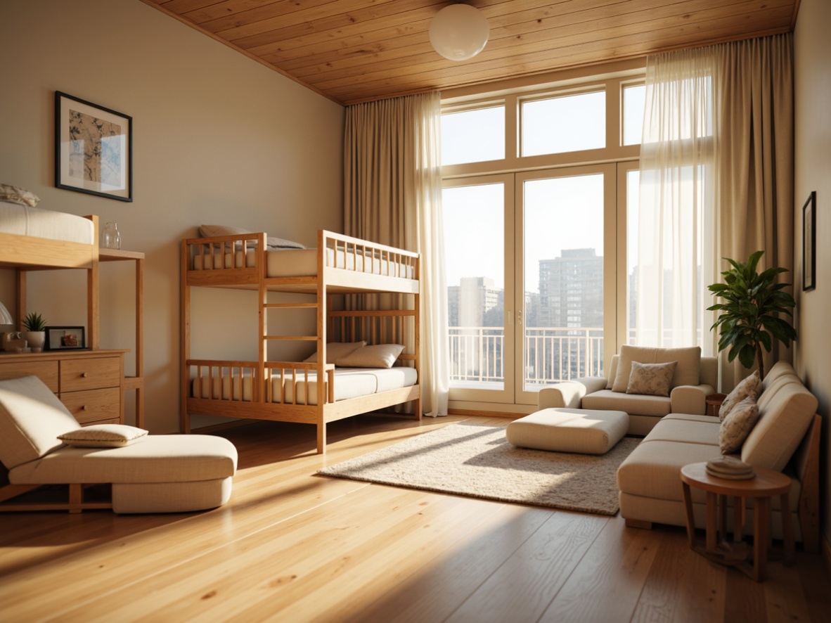 Prompt: Cozy dormitory interior, large windows, soft natural light, gentle morning sunbeams, warm beige walls, comfortable bedding, wooden furniture, minimalist decor, floor-to-ceiling curtains, sheer white fabrics, subtle texture patterns, calming color palette, relaxed atmosphere, shallow depth of field, 1/1 composition, realistic renderings, ambient occlusion.