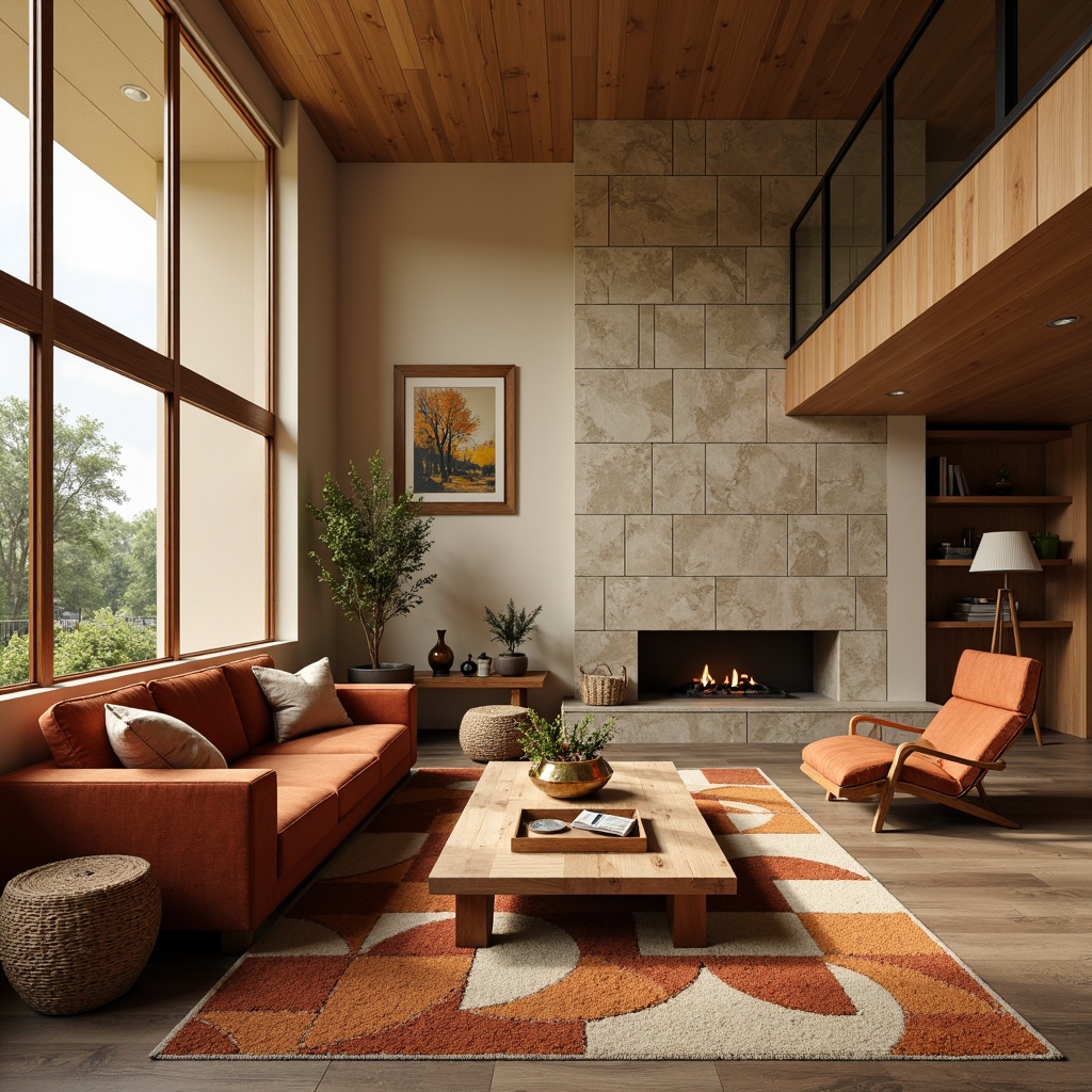 Prompt: Retro-inspired living room, warm beige walls, rich walnut wood furniture, plush velvet sofas, geometric patterned rugs, natural stone fireplace, large windows with minimal frames, organic shapes, earthy color palette, soft warm lighting, shallow depth of field, 3/4 composition, panoramic view, realistic textures, ambient occlusion, mid-century modern architecture, clean lines, minimal ornamentation, functional simplicity, subtle texture contrast, juxtaposed materials, wooden accents, metallic decorative elements.