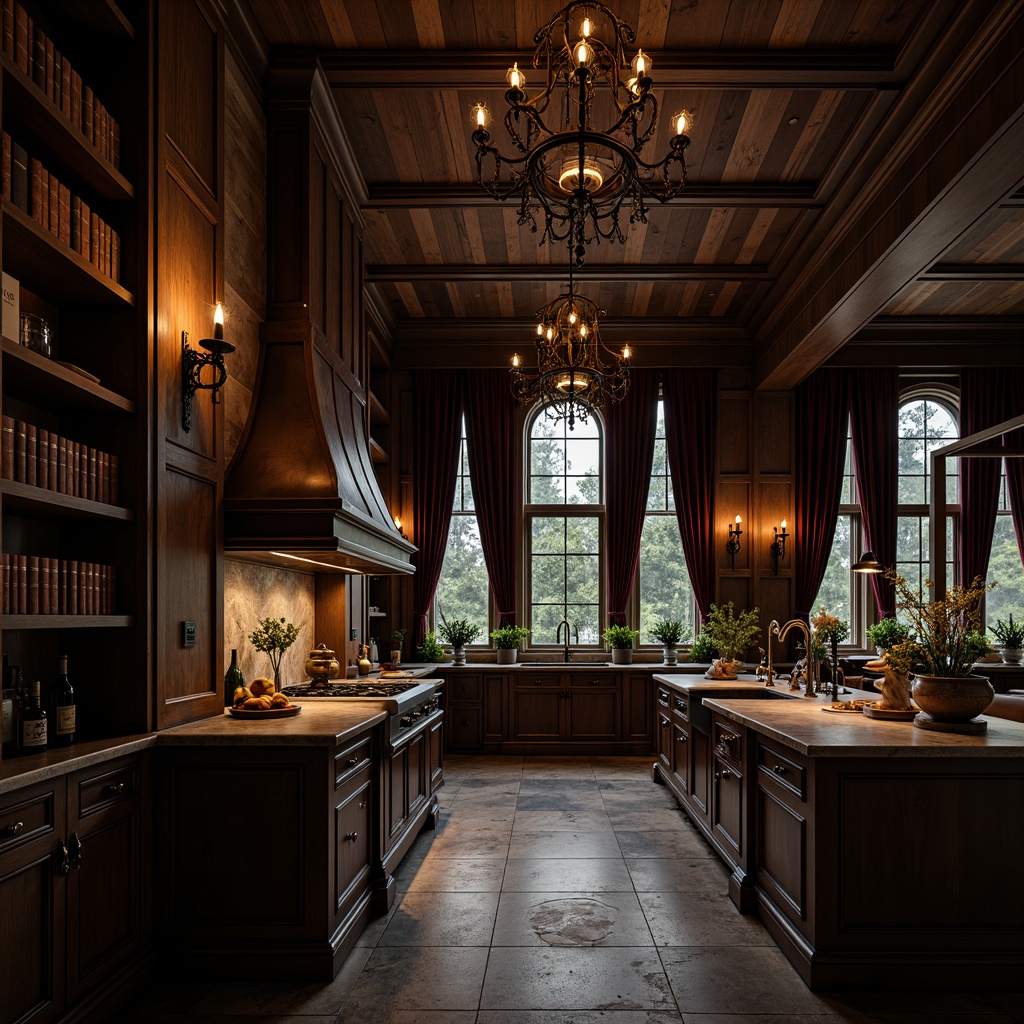 Prompt: Dark, mystical kitchen, gothic arches, ornate wooden cabinets, grand chandeliers, pendant lights, metal lanterns, dimmable LED strips, warm candlelight, dramatic shadows, rich wood tones, stone countertops, luxurious velvet drapes, mysterious atmosphere, 3/4 composition, cinematic lighting, ambient occlusion, high contrast ratio.