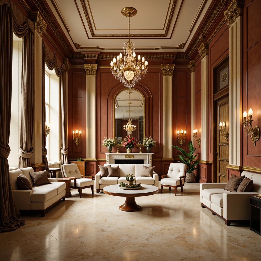 Prompt: Elegant living room, ornate columns, creamy marble floors, rich wood paneling, luxurious fabrics, velvet drapes, gilded frames, crystal chandeliers, soft warm lighting, shallow depth of field, 2/3 composition, symmetrical arrangement, classical architectural elements, intricate carvings, ornamental moldings, subtle color palette, sophisticated ambiance, lavish furnishings.