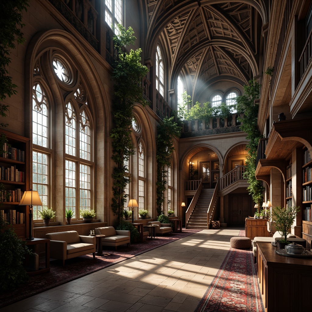 Prompt: Grandiose student halls, Gothic arches, ribbed vaults, ornate carvings, stained glass windows, intricate stone patterns, mystical atmosphere, warm candlelight, dark wood furnishings, cozy reading nooks, dramatic staircases, pointed towers, grand entranceways, majestic hallways, rustic brick walls, ivy-covered facades, misty morning light, soft ambient shadows, 1/1 composition, atmospheric lighting, realistic textures, detailed architectural models.