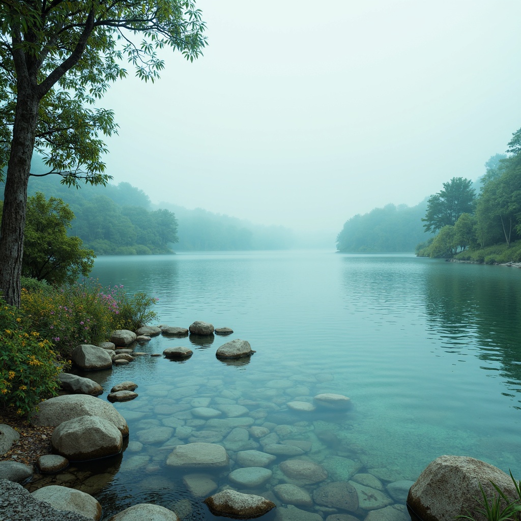 Prompt: \Calm azure hues, soft serene atmosphere, gentle water ripples, peaceful lake shore, misty morning fog, lush greenery, delicate florals, subtle wood textures, natural stone pathways, minimalist decor, creamy whites, pale blues, soothing turquoise, warm beige accents, ambient softbox lighting, shallow depth of field, 1/1 composition, realistic reflections, vibrant yet muted colors.\Let me know if this meets your requirements!