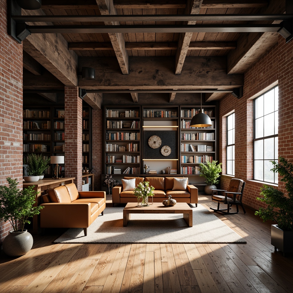 Prompt: Minimalist open space, exposed brick walls, industrial metal beams, reclaimed wood flooring, modern academic style, loft-inspired interior design, cozy reading nooks, floor-to-ceiling bookshelves, comfortable leather sofas, rustic wooden coffee tables, vintage metal lamps, plenty of natural light, soft warm glow, shallow depth of field, 1/1 composition, realistic textures, ambient occlusion.