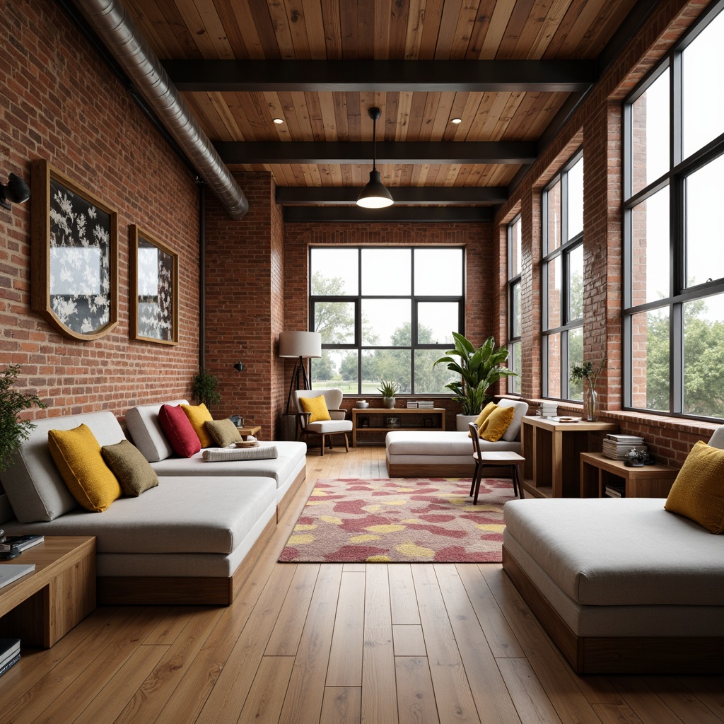 Prompt: Cozy dormitory, warm wooden floors, soft carpeted areas, modern minimalist furniture, built-in desks, comfortable bedding, colorful throw pillows, rustic brick walls, industrial metal beams, large windows, natural daylight, softbox lighting, 3/4 composition, shallow depth of field, realistic textures, ambient occlusion.