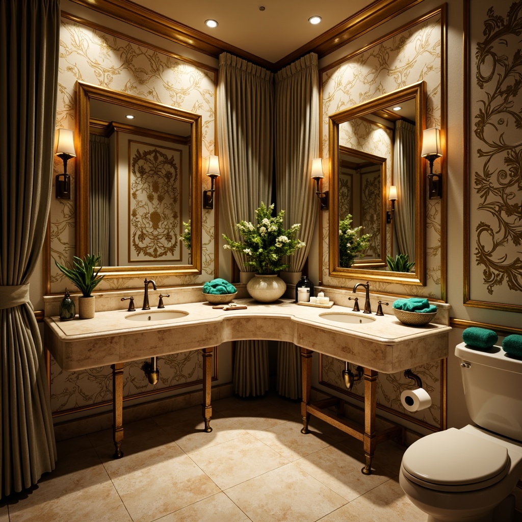 Prompt: Luxurious powder room, ornate mirrors, gilded frames, velvet drapes, soft golden lighting, warm beige marble countertops, antique bronze fixtures, delicate floral patterns, rich emerald green accents, subtle turquoise undertones, elegant curved lines, intricate stenciling, lavish textures, opulent fabrics, sophisticated Art Nouveau motifs, vintage-inspired accessories, ornamental metalwork, refined feminine atmosphere, intimate cozy space, dramatic contrast, 2/3 composition, warm color harmony, inviting ambiance.