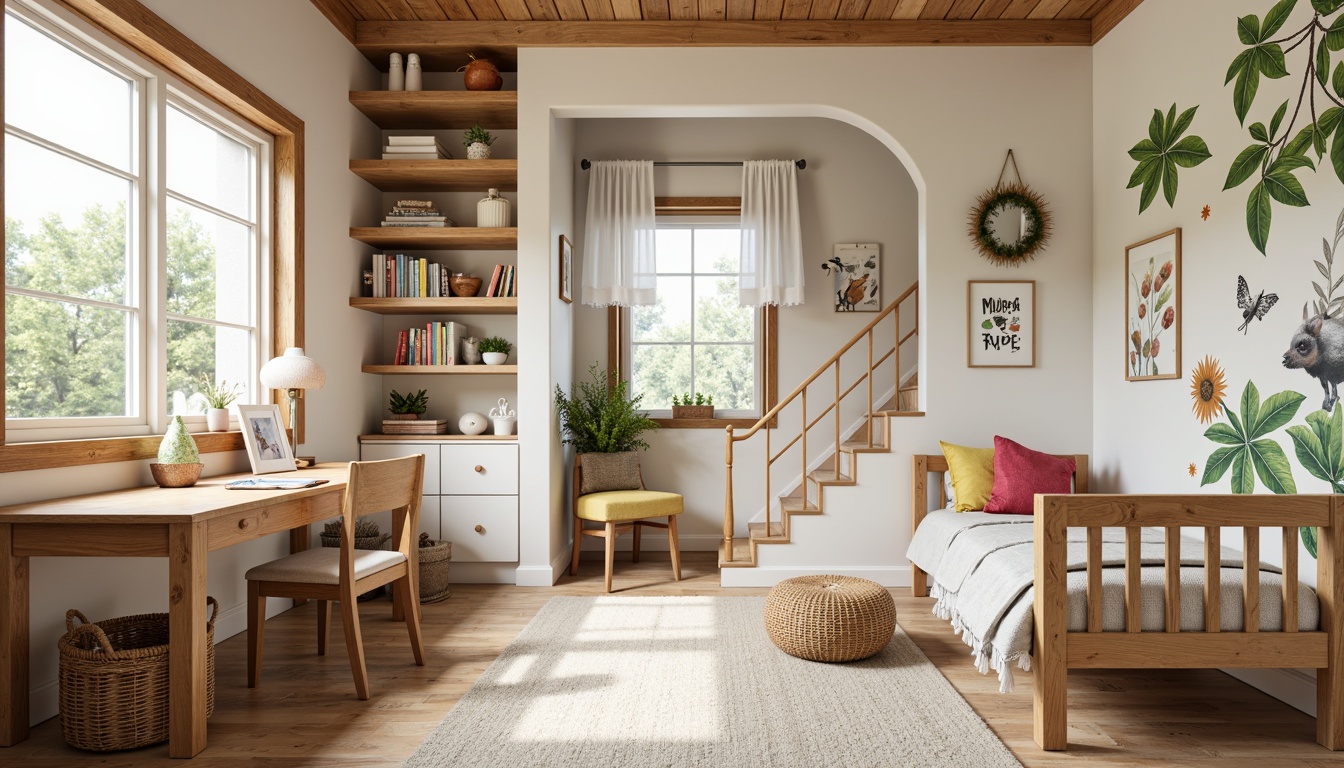 Prompt: Whimsical kids' bedroom, rustic wooden furniture, vintage-inspired decor, distressed finishes, natural textiles, plush area rug, creamy white walls, soft warm lighting, cozy reading nook, built-in bookshelves, playful polka-dot patterns, cheerful bright colors, sturdy oak desk, ergonomic chair, colorful storage bins, woven basket nightstand, hand-painted murals, fantastical creatures, airy feel, shallow depth of field, 1/1 composition, realistic textures.