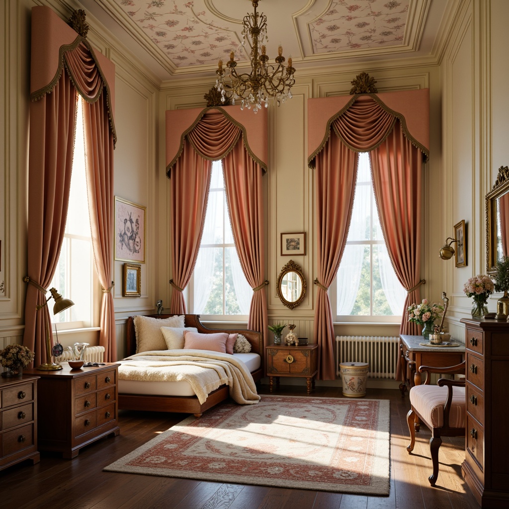 Prompt: Richly ornate Victorian-style kids' room, soft warm beige walls, dark wood furniture, intricate carvings, velvet drapes, lavish gold accents, plush area rugs, delicate lace curtains, creamy white trim, pastel pink and baby blue hues, whimsical wallpaper patterns, vintage toys and trinkets, cozy reading nooks, ornate mirrors, softbox lighting, warm golden glow, shallow depth of field, 1/2 composition, realistic textures, ambient occlusion.