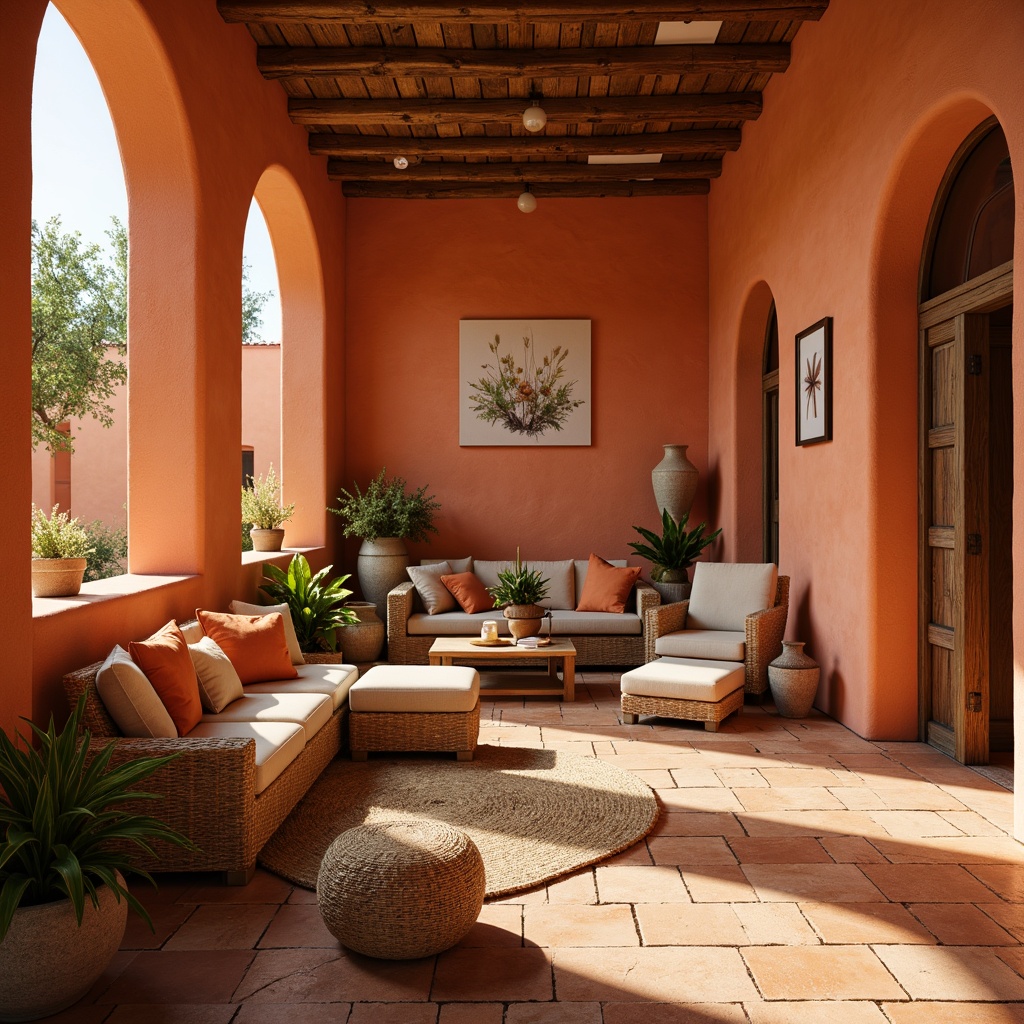 Prompt: Vibrant orange tones, warm beige accents, deep terracotta undertones, rich golden highlights, soft peach undertones, natural earthy textures, rustic wooden elements, woven wicker furniture, cozy candlelit ambiance, warm sunny day, shallow depth of field, 1/2 composition, realistic renderings, ambient occlusion.