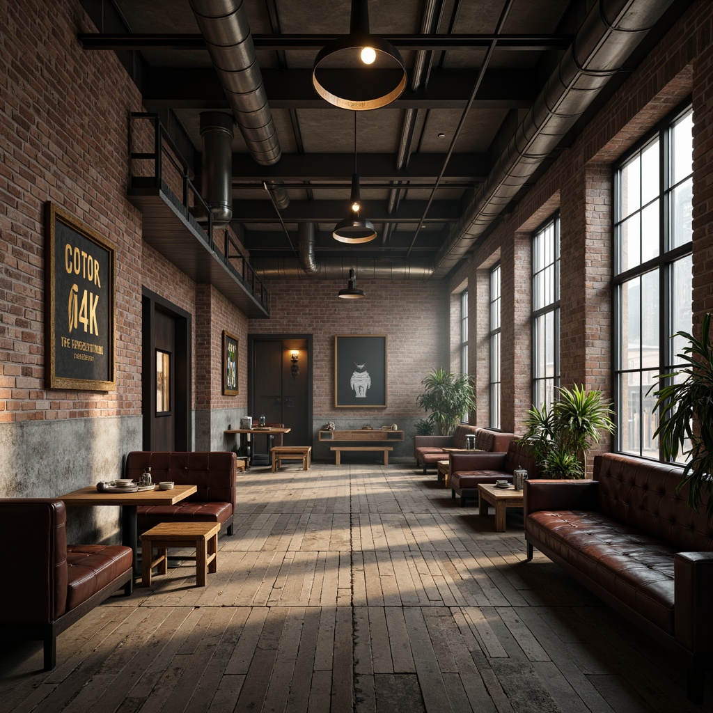 Prompt: Exposed brick walls, distressed metal accents, reclaimed wood flooring, industrial-style lighting fixtures, urban loft atmosphere, neutral color scheme, weathered concrete textures, worn leather upholstery, metallic sheen, functional decor, minimalist aesthetic, urban grittiness, bold typography, moody ambiance, low-key illumination, atmospheric haze, 1/2 composition, shallow depth of field, cinematic mood.