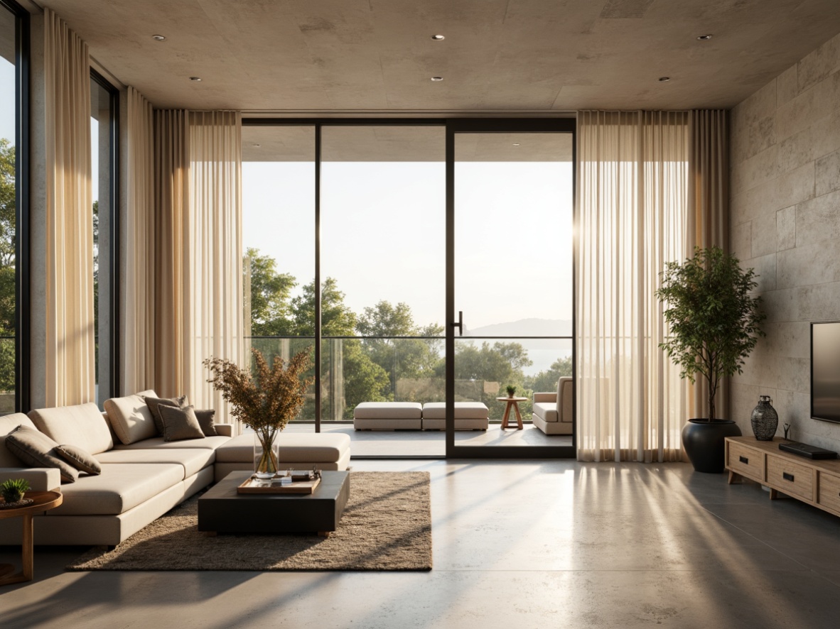 Prompt: Minimalist living room, large windows, sliding glass doors, sheer white curtains, polished concrete floors, low-profile furniture, matte black accents, natural stone walls, greenery, potted plants, warm beige colors, soft diffused lighting, 1/1 composition, realistic textures, ambient occlusion, morning sunlight, gentle shadows, subtle color palette.Let me know if this meets your expectations!