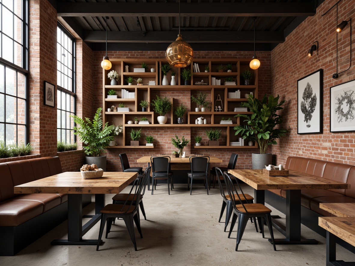 Prompt: Reclaimed wood tables, metal chairs, distressed finishes, vintage decor, exposed brick walls, industrial pendant lights, urban loft atmosphere, cozy nook seating, plush cushions, rich leather upholstery, rusty metal accents, Edison bulb lighting, concrete floors, minimalist color palette, functional shelving units, rustic wooden crates, decorative steel beams, modern industrial fusion.