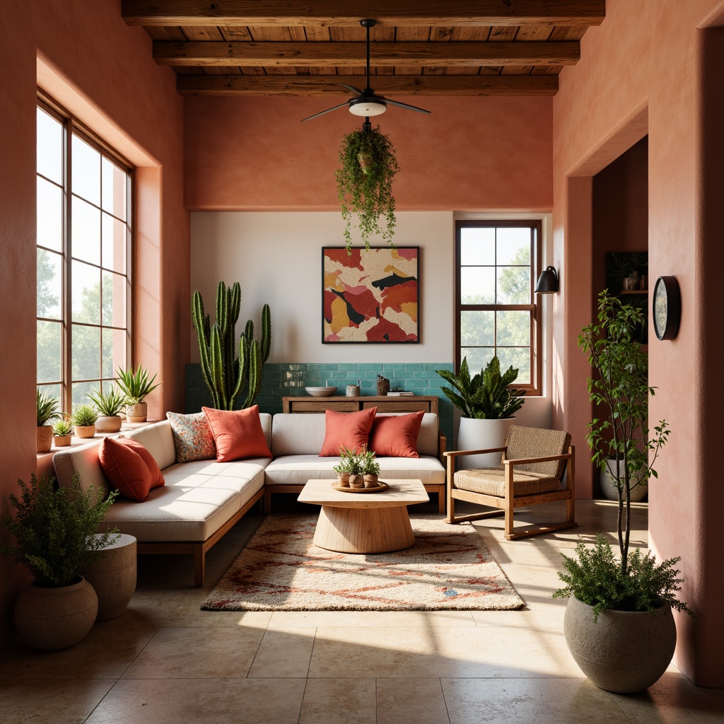 Prompt: Earthy terracotta walls, creamy white accents, warm beige floors, turquoise decorative tiles, vibrant coral throw pillows, natural woven textiles, rustic wooden furniture, industrial metal lighting, lush greenery, potted cacti, geometric patterned rugs, abstract Native American-inspired artwork, cozy ambient lighting, shallow depth of field, 1/2 composition, soft warm color palette, realistic textures, subtle ambient occlusion.