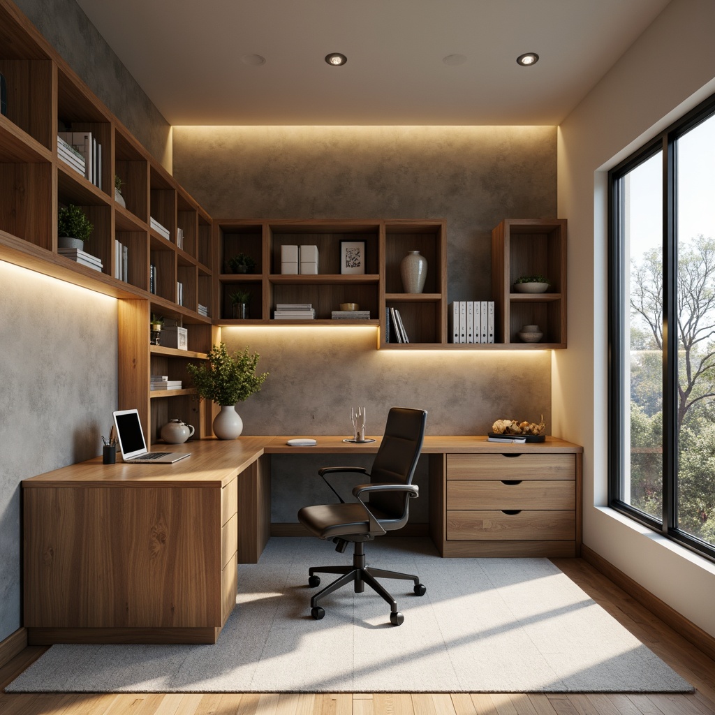 Prompt: Modern minimalist home office, sleek ergonomic chair, spacious desk with built-in cable management, adjustable shelving units, wall-mounted storage cabinets, modular bookcases, floor-to-ceiling sliding doors, hidden compartments, multi-functional furniture pieces, cleverly designed nooks, warm wooden accents, soft task lighting, 1/1 composition, shallow depth of field, realistic textures.