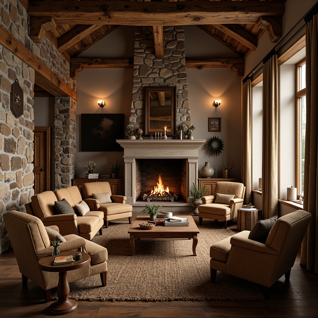 Prompt: Cozy family room, rustic wooden beams, stone fireplace, warm earthy tones, distressed wood furniture, plush velvet sofas, vintage decorative items, woven jute rugs, natural fiber textiles, reclaimed wood accents, earthy scent, soft candlelight, shallow depth of field, 2/3 composition, intimate atmosphere, realistic textures, ambient occlusion.