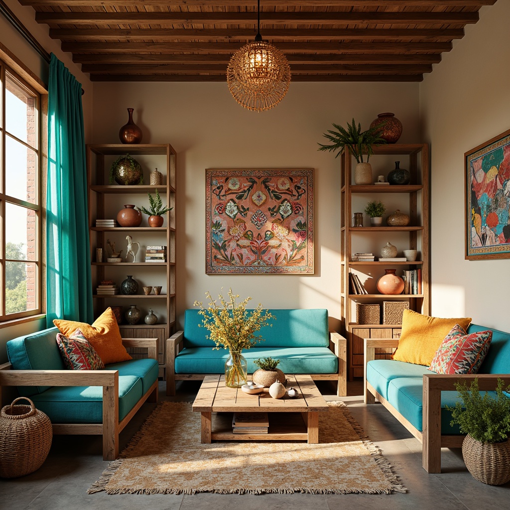 Prompt: Vibrant turquoise accents, rustic wooden furniture, woven wicker baskets, earthy terracotta pottery, colorful tapestries, plush kilim pillows, reclaimed wood shelves, distressed metal decor, warm beige walls, natural fiber rugs, eclectic artwork, abundant sunlight, soft warm lighting, shallow depth of field, 1/1 composition, realistic textures, ambient occlusion.