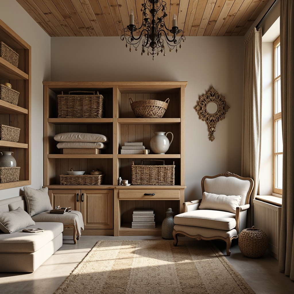 Prompt: Rustic storage room, distressed wood shelving, vintage metal brackets, woven baskets, ornate ironwork, soft cream walls, warm beige floors, traditional French country style, elegant chandeliers, subtle linen drapes, natural stone accents, earthy tone color palette, cozy reading nook, plush velvet armchair, richly textured rugs, ambient warm lighting, 1/2 composition, intimate atmosphere, realistic wood grain textures.