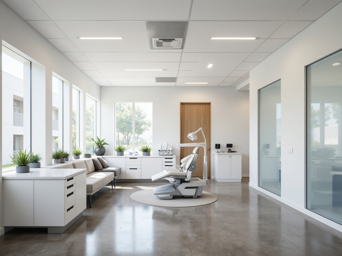 Prompt: Minimalist dental clinic interior, polished concrete floors, matte white walls, seamless glass partitions, sleek metal equipment, high-gloss acrylic countertops, soft-close drawers, LED lighting, subtle wood accents, minimalist furniture, monochromatic color scheme, calm ambiance, natural light, shallow depth of field, 1/1 composition, realistic textures, ambient occlusion.