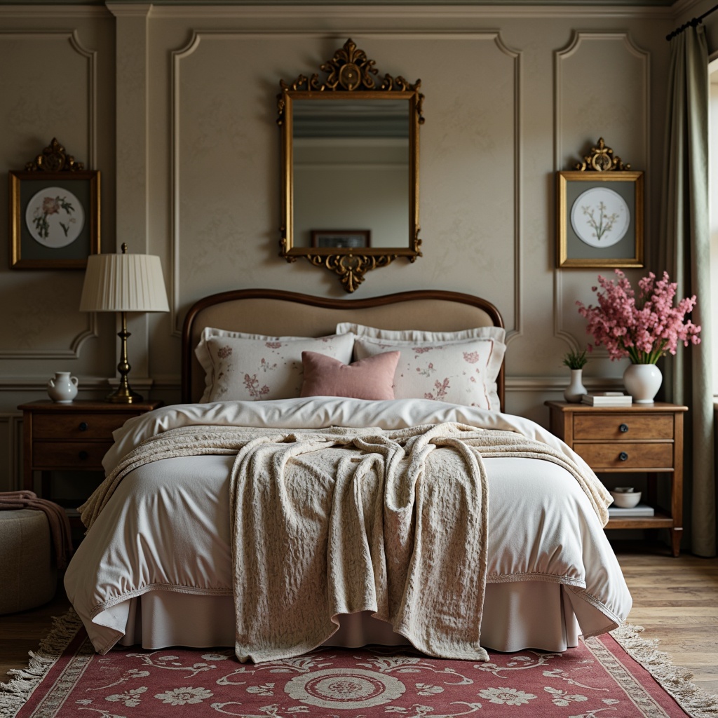 Prompt: Distressed velvet fabrics, soft pastel hues, vintage floral patterns, lace trimming, ruffled duvets, linen textures, worn wooden furniture, antique metal accents, ornate mirrors, plush area rugs, delicate porcelain vases, warm candlelight, romantic ambiance, soft focus, shallow depth of field, 1/1 composition, intimate close-ups.