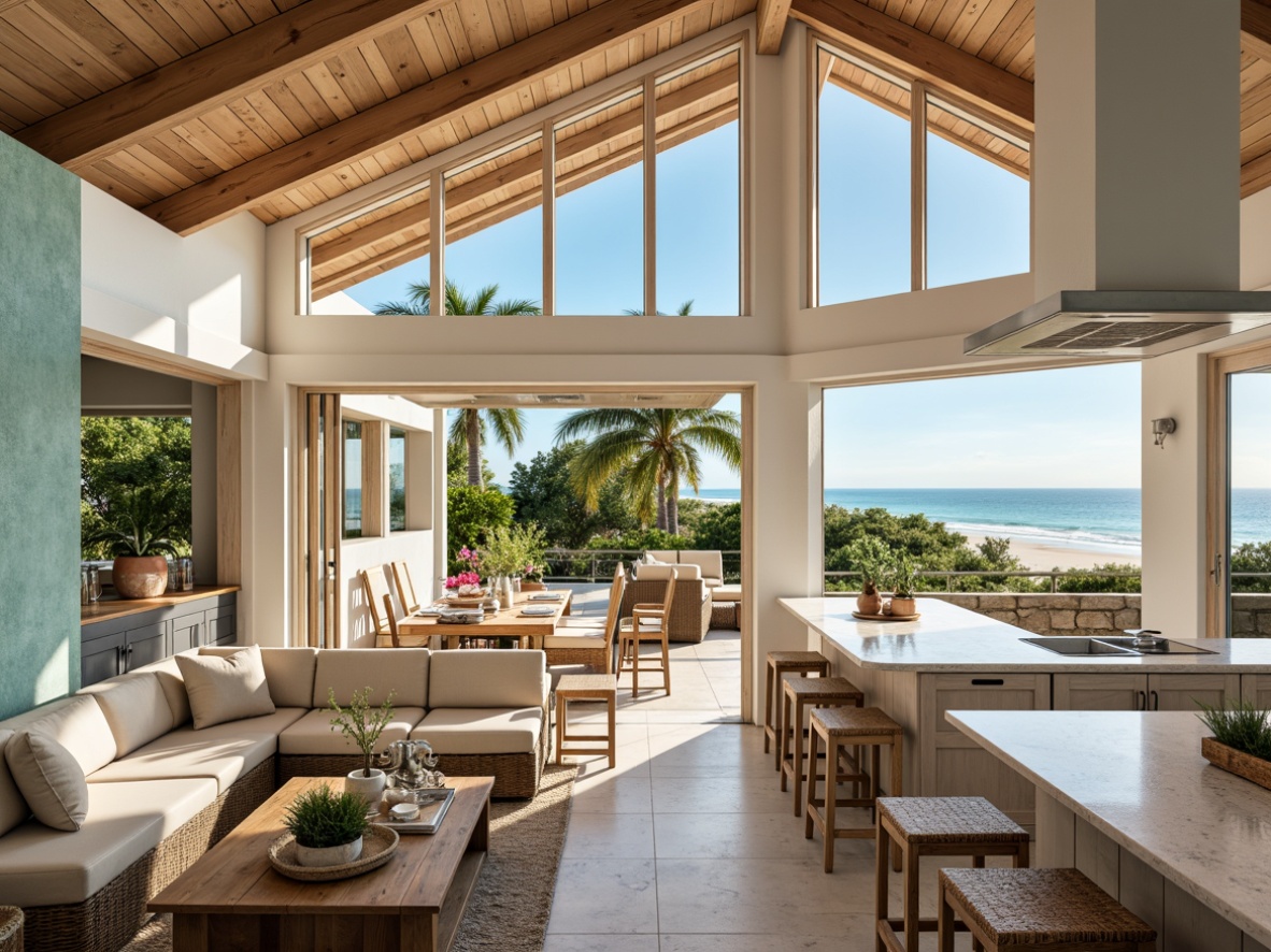 Prompt: Beachside coastal home, open floor plan, natural light, airy atmosphere, high ceilings, wooden accents, driftwood furniture, comfortable sofas, ocean-inspired color palette, sea salt walls, coral countertops, woven textiles, nautical decorative elements, large windows, sliding glass doors, beach views, outdoor living spaces, patio furniture, tropical plants, sunny day, soft warm lighting, shallow depth of field, 3/4 composition, panoramic view, realistic textures, ambient occlusion.