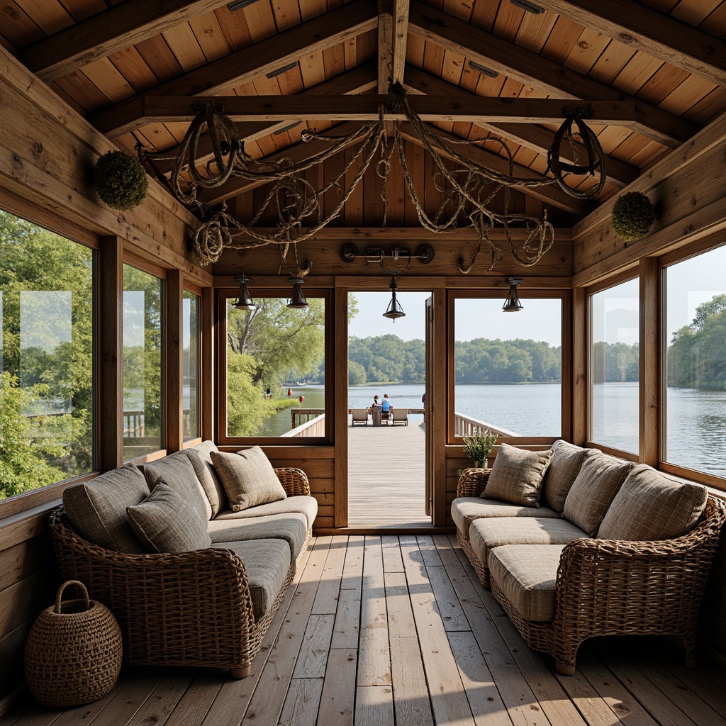 Prompt: Rustic boathouse interior, weathered wooden planks, distressed finishes, nautical ropes, vintage anchors, fishing nets, woven wicker furniture, plush throw pillows, soft warm lighting, shallow depth of field, 1/2 composition, realistic textures, ambient occlusion, reflective water views, surrounding lush greenery, serene lake atmosphere.