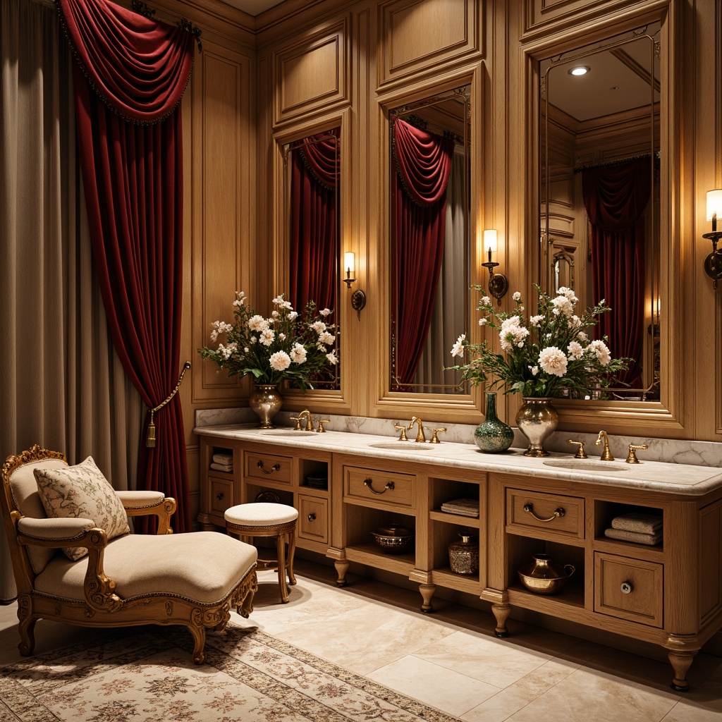 Prompt: Intricate wooden cabinetry, ornate mirrors, flowing organic shapes, luxurious velvet fabrics, metallic accents, soft warm lighting, intimate seating areas, ornamental vases, exotic flower arrangements, marble countertops, rich jewel-toned colors, curved lines, whimsical patterns, antique hardware, lavish drapery, sophisticated accessories, elegant powder room vanity, refined decorative trim, subtle texture contrasts, warm beige background, 1/2 composition, soft focus blur.