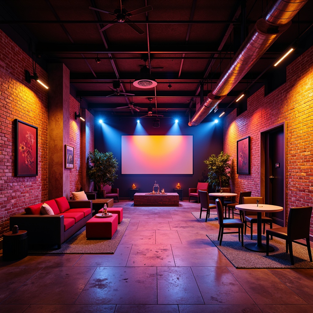 Prompt: Vibrant music venue interior, industrial-chic atmosphere, exposed brick walls, polished concrete floors, bold primary colors, bright red accents, deep blue tones, warm yellow highlights, geometric patterns, minimalist decor, functional lighting, metal beams, reclaimed wood accents, urban loft feel, eclectic artwork, avant-garde furniture, dynamic stage lighting, dramatic shadows, high-contrast color scheme, 2.5D composition, cinematic atmosphere, gritty textures, ambient occlusion.