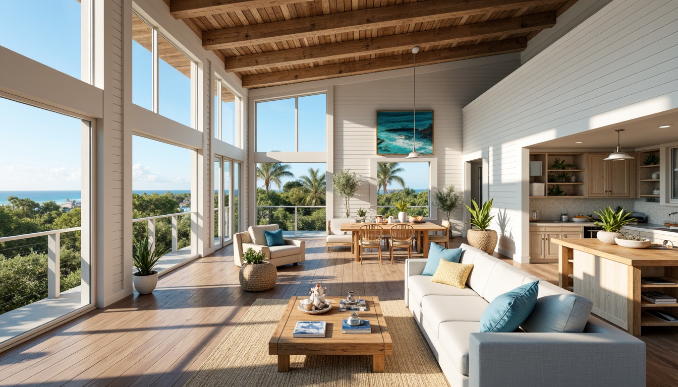 Prompt: Open-plan living space, high ceilings, large windows, sliding glass doors, beachy vibe, natural light, airy atmosphere, driftwood accents, white shiplap walls, reclaimed wood floors, nautical-themed decor, ocean-inspired color palette, blue and green hues, coral reef patterns, woven sea grass rugs, minimalist furniture, functional layout, kitchen island with pendant lighting, built-in shelving units, coastal-themed artwork, sunny day, soft warm lighting, shallow depth of field, 1/1 composition, panoramic view, realistic textures, ambient occlusion.