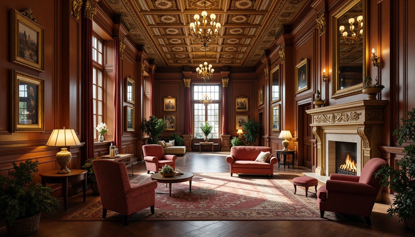 Prompt: Elegant neoclassical interior, ornate gold accents, rich wood tones, velvet upholstery, carved wooden furniture, intricate patterns, luxurious fabrics, grand chandeliers, symmetrical compositions, refined proportions, subtle color palette, soft warm lighting, ornamental mirrors, stately columns, high ceilings, imposing fireplaces, antique artifacts, sophisticated ambiance, 1/1 composition, realistic textures, ambient occlusion.