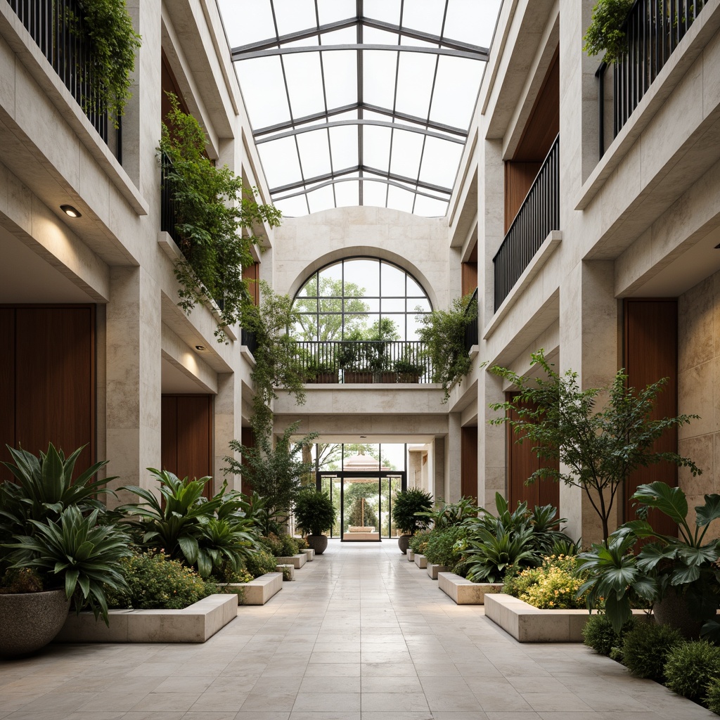 Prompt: Grand courthouse interior, high ceilings, large windows, clerestory windows, open atriums, natural stone walls, polished marble floors, wooden accents, minimalist decor, subtle color palette, abundant greenery, lush plants, hanging gardens, soft warm lighting, shallow depth of field, 3/4 composition, panoramic view, realistic textures, ambient occlusion.