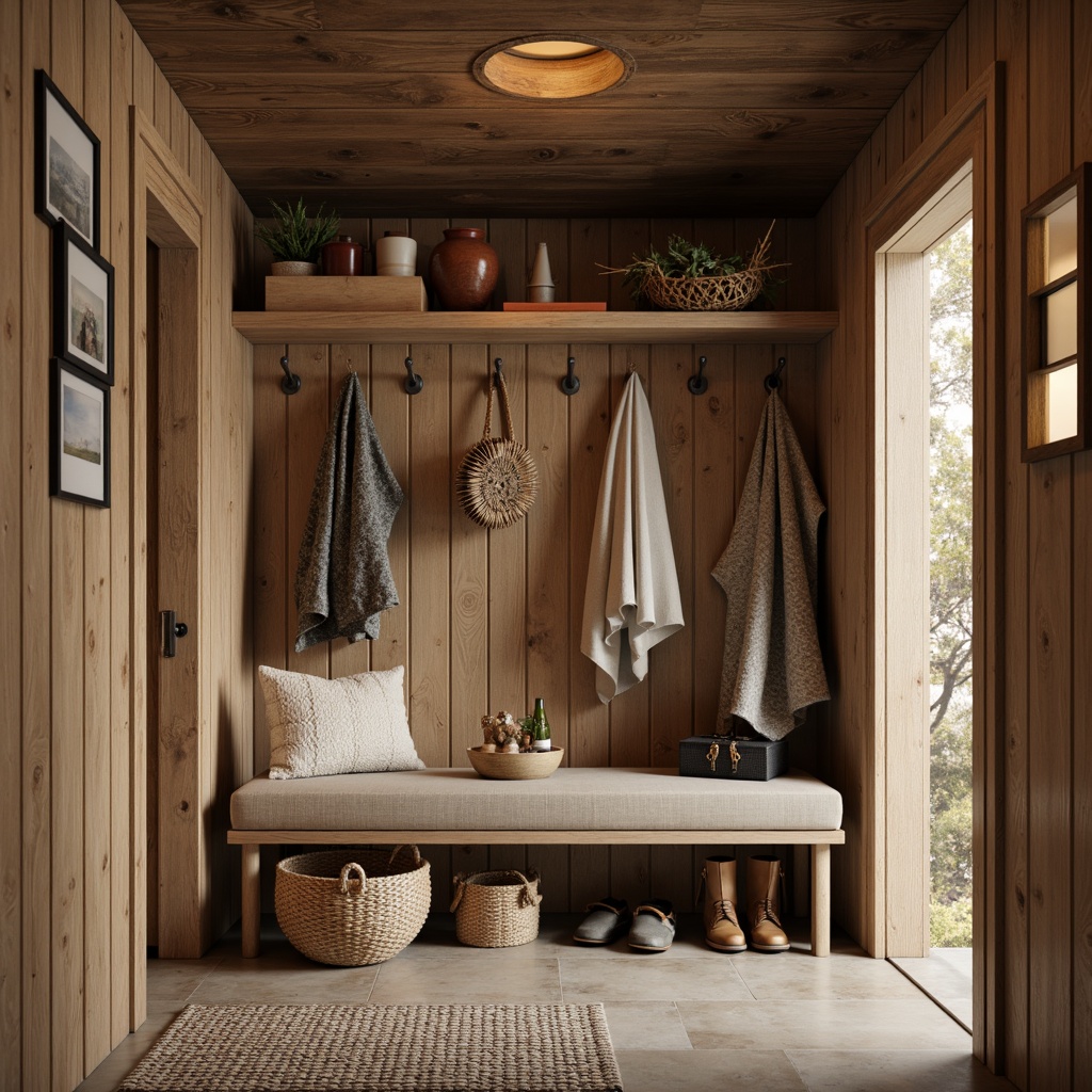 Prompt: Cozy mudroom, rustic wood accents, natural stone flooring, earthy tones, water-resistant materials, durable surfaces, easy-to-clean design, functional storage solutions, built-in benches, hooks for hanging accessories, warm lighting, shallow depth of field, 1/1 composition, realistic textures, ambient occlusion.