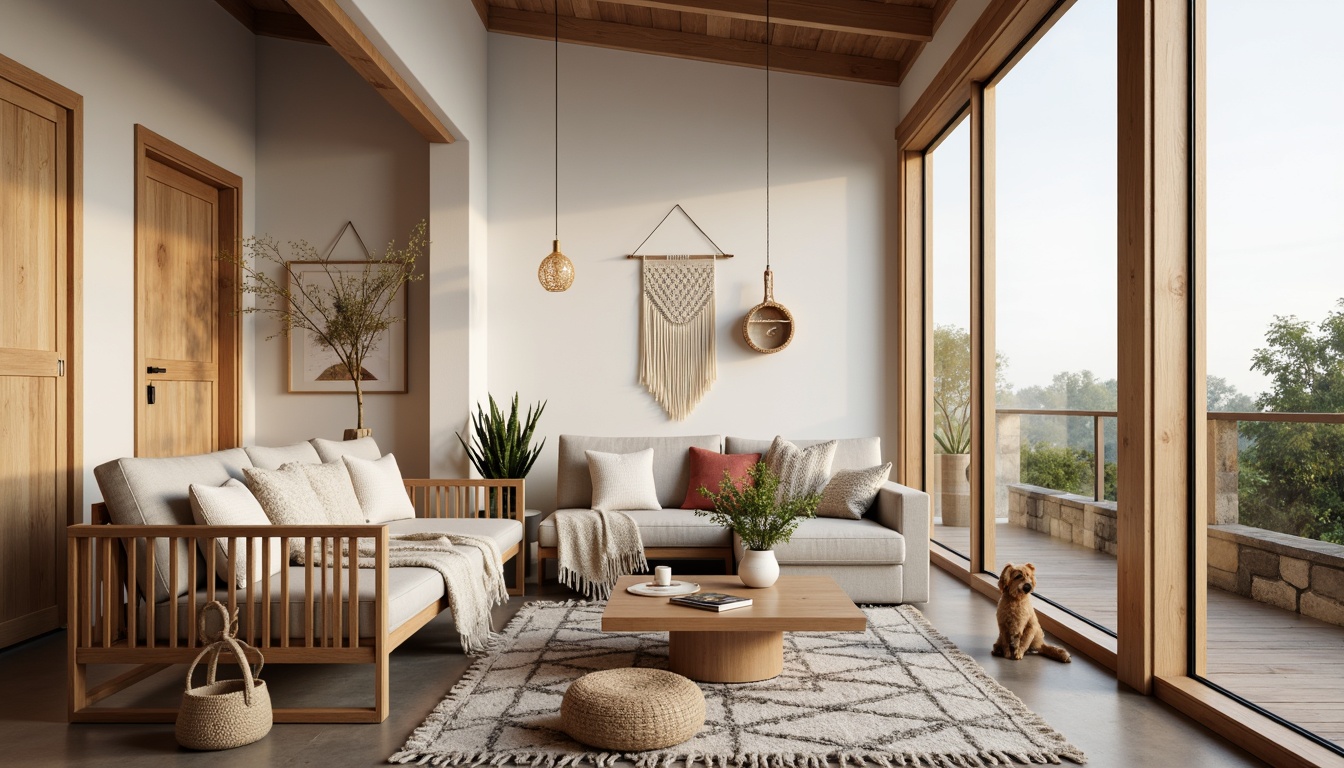 Prompt: Cozy Scandinavian interior, natural wood accents, woven wool blankets, plush throw pillows, minimalist furniture design, light-filled spaces, large windows, Nordic-inspired patterns, subtle color palette, soft warm lighting, shallow depth of field, 3/4 composition, realistic textures, ambient occlusion, traditional Norwegian knitting techniques, abstract geometric motifs, earthy tones, organic shapes, natural fibers, tactile fabrics, woven baskets, macrame wall hangings, bohemian-inspired accessories.