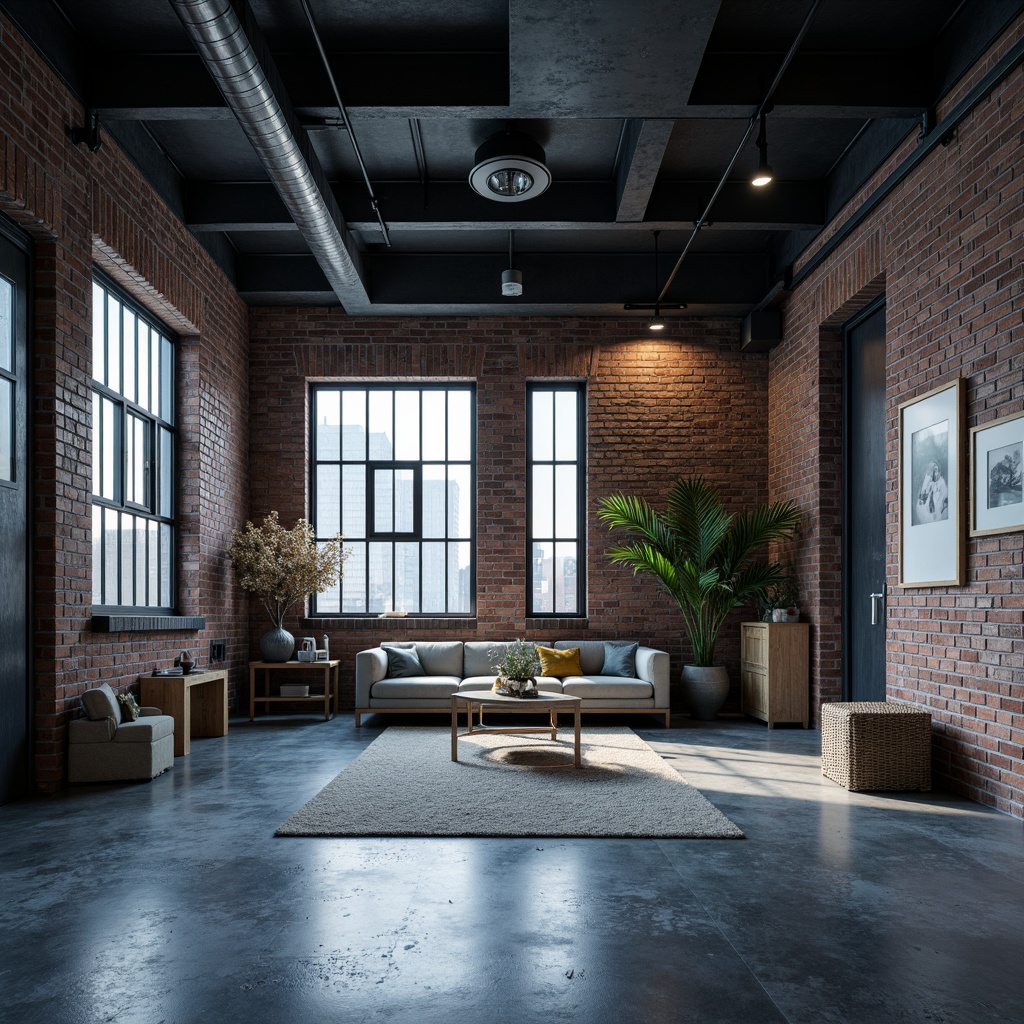 Prompt: Industrial metal framework, exposed brick walls, concrete floors, minimalist decor, functional lighting, monochromatic color scheme, dark blues and greys, muted industrial tones, distressed wood accents, steel beams, urban loft atmosphere, natural light pouring in, soft shadows, shallow depth of field, 3/4 composition, realistic textures.