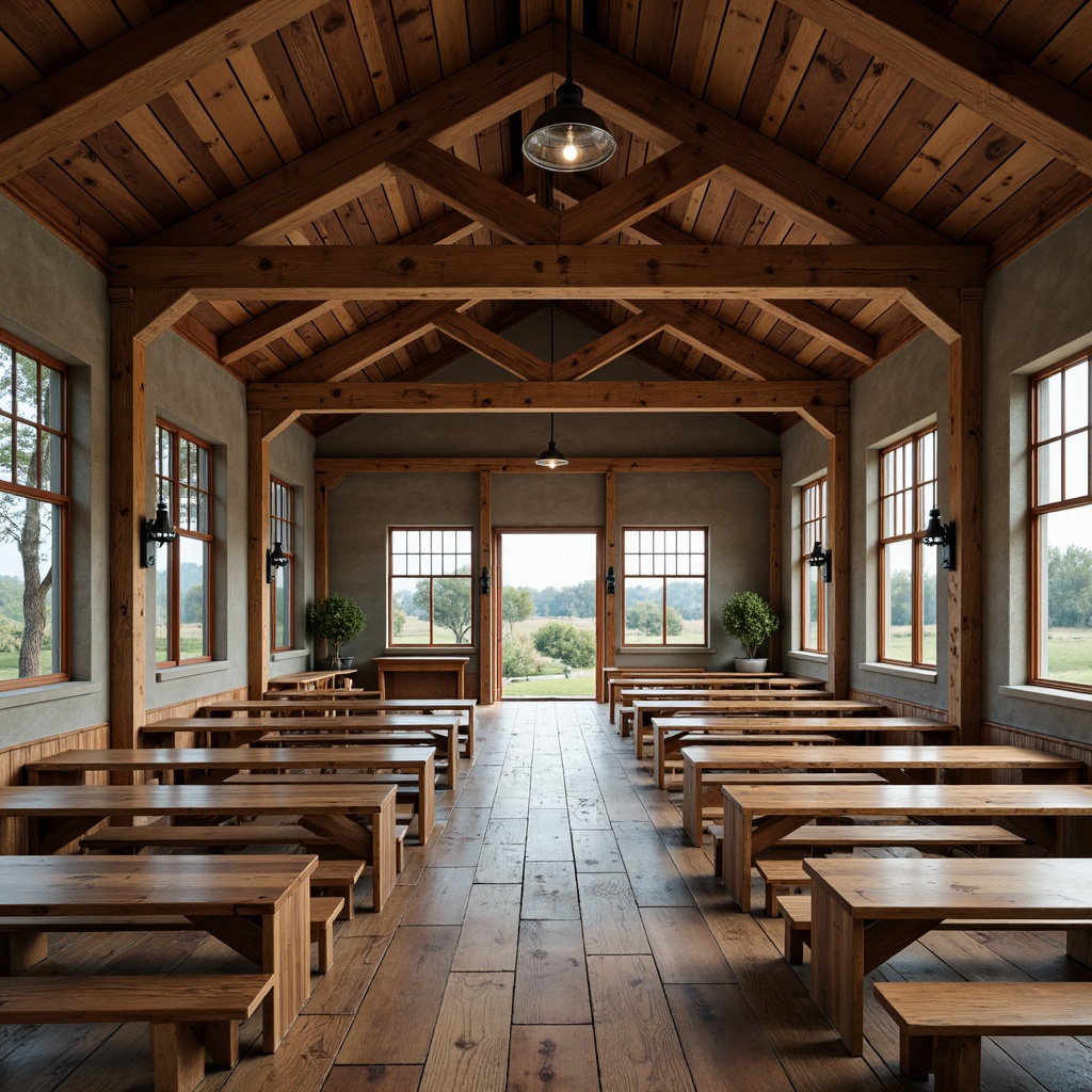 Prompt: Rustic high school building, exposed wooden beams, vintage farmhouse style, earthy tone color palette, natural stone walls, reclaimed wood accents, metal lanterns, pendant lighting, wooden benches, distressed finishes, rural landscape views, overcast sky, warm soft lighting, shallow depth of field, 1/2 composition, realistic textures, ambient occlusion.