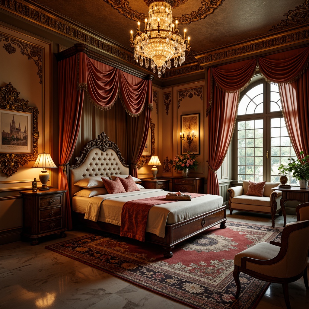 Prompt: Opulent boudoir, rich velvet fabrics, intricate golden embroidery, plush silk drapes, ornate carved wood furniture, lavish crystal chandeliers, soft warm candlelight, delicate lace trim, majestic four-poster bed, indulgent marble floors, luxurious throw pillows, whimsical floral patterns, ornate gilded frames, lavish tufted upholstery, elegant curved lines, romantic intimate ambiance, 1/2 composition, shallow depth of field, warm golden lighting.