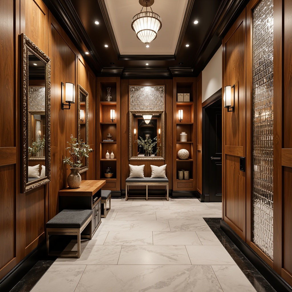 Prompt: Art Deco mudroom, luxurious wall treatments, geometric patterns, metallic accents, glamorous mirrors, elegant sconces, rich wood paneling, bold color blocking, statement wallpaper, ornate moldings, sophisticated shelving, modern console tables, sleek metal hooks, decorative storage bins, refined bench seating, polished chrome fixtures, dramatic floor lamps, warm ambient lighting, 1/1 composition, symmetrical framing.