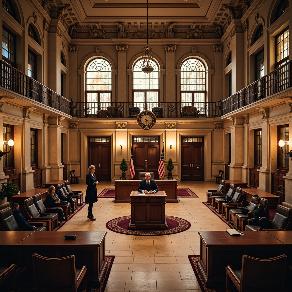 Prompt: Historic courthouse building, ornate stone fa\u00e7ade, grand entrance archways, rusticated columns, carved wooden doors, intricate clock tower, stained glass windows, traditional American flags, richly patterned rugs, polished marble floors, classic courtroom benches, judge's podium, lawyer's tables, solemn atmosphere, warm golden lighting, shallow depth of field, 1/1 composition, symmetrical view, realistic textures, ambient occlusion.