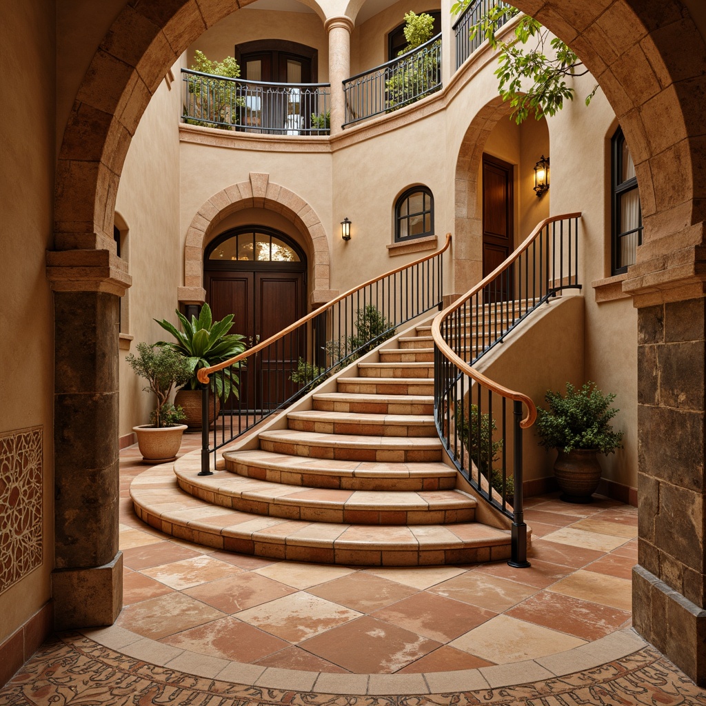 Prompt: Mediterranean staircase, ornate tile patterns, warm beige colors, terracotta hues, intricate geometric motifs, Moroccan-inspired designs, ceramic tiles, glossy finishes, subtle texture variations, natural stone accents, wrought iron railings, curved staircases, grand entrances, luxurious ambiance, soft warm lighting, shallow depth of field, 1/2 composition, realistic reflections.