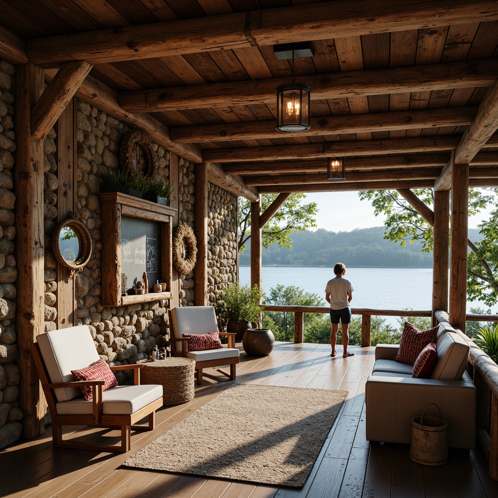 Prompt: Rustic boathouse, wooden planks, distressed finishes, natural stone walls, reclaimed wood accents, earthy color palette, cozy interior spaces, nautical elements, vintage fishing nets, woven textiles, lantern-style lighting, warm soft glow, shallow depth of field, 1/1 composition, serene lake views, surrounding foliage, tranquil atmosphere.