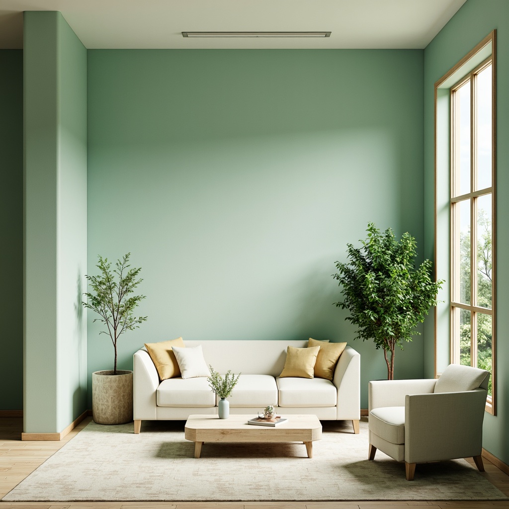 Prompt: Soft celadon hues, gentle mint accents, warm beige undertones, delicate cream textures, subtle turquoise highlights, elegant minimalist decor, serene natural ambiance, lush greenery, soft diffused lighting, 1/1 composition, realistic render, ambient occlusion, peaceful atmosphere.