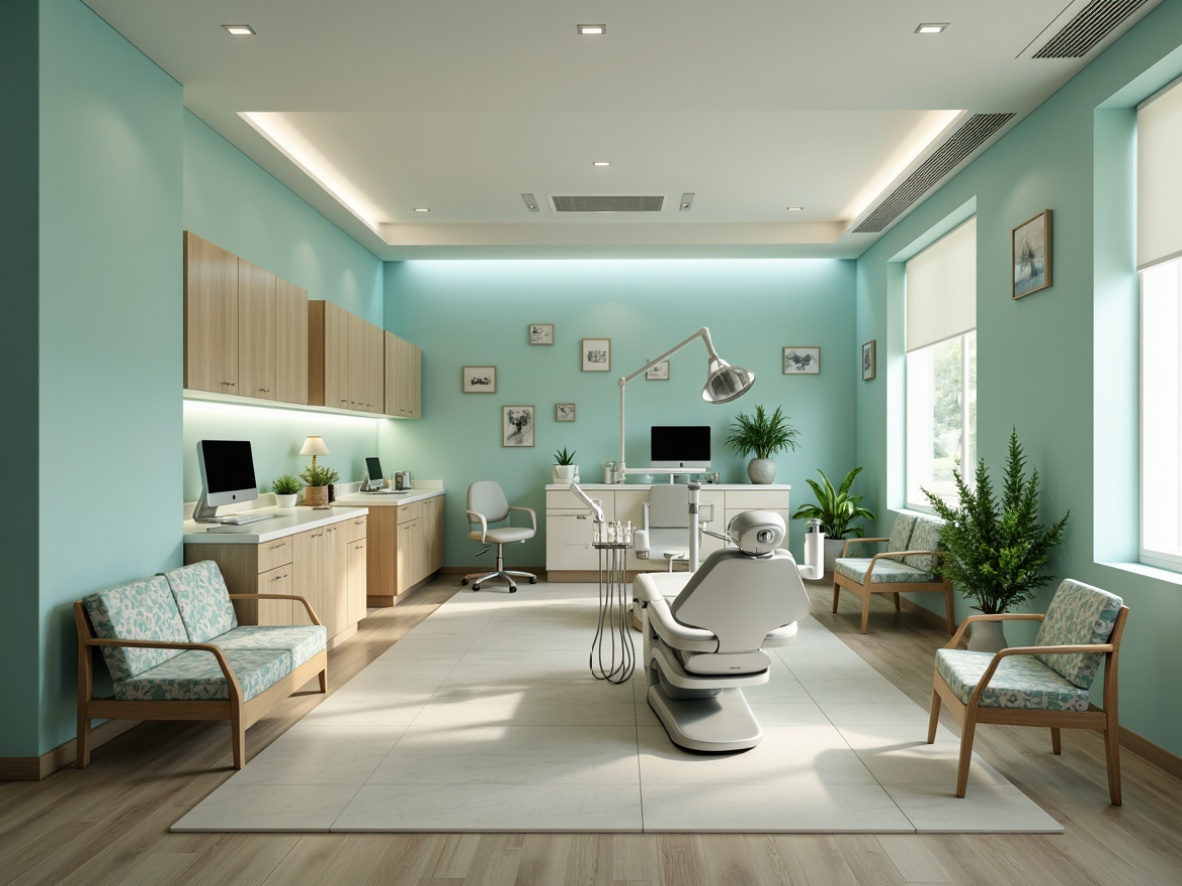 Prompt: Calming dental clinic, soothing blue-green hues, crisp white accents, warm beige tones, natural wood textures, gentle LED lighting, soft pastel colors, comfortable waiting area, modern minimalist design, sleek metal equipment, subtle patterned upholstery, sterile yet inviting atmosphere, shallow depth of field, 3/4 composition, realistic textures, ambient occlusion.