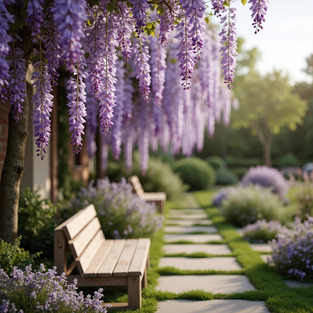 Prompt: Soft wisteria blooms, delicate purple petals, pastel lavender shades, warm beige accents, gentle ivory tones, subtle grey undertones, natural wood textures, vintage garden benches, lush greenery, whimsical floral patterns, dreamy soft focus, shallow depth of field, 1/1 composition, romantic warm lighting, ambient occlusion.