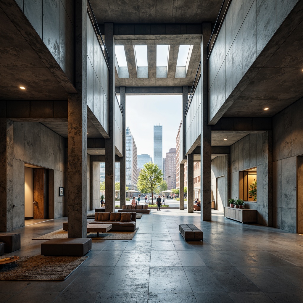 Prompt: Exposed concrete columns, rugged stone walls, industrial metal beams, cantilevered floor slabs, brutalist architectural style, raw unfinished surfaces, dramatic natural light, overhead skylights, minimalist interior design, functional open spaces, modular furniture systems, reclaimed wood accents, urban cityscape views, moody atmospheric lighting, high contrast shadows, 1/1 composition, symmetrical framing, realistic material textures, subtle ambient occlusion.