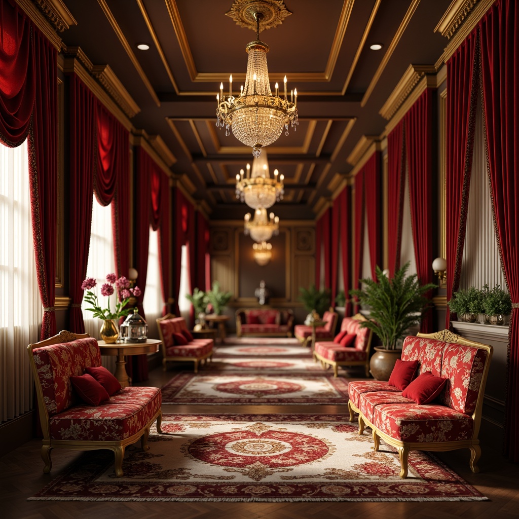 Prompt: Opulent velvet drapes, rich brocade upholstery, lavish silk fabrics, intricate gold embroidery, ornate wooden furnishings, carved gilded frames, majestic crystal chandeliers, plush area rugs, warm golden lighting, soft focus blur, shallow depth of field, 2/3 composition, symmetrical arrangement, regal atmosphere, luxurious textures, high-contrast colors.