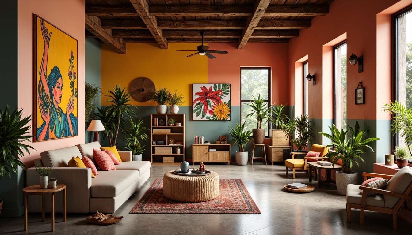 Prompt: Vibrant artistic studio, modern minimalist interior, natural wooden accents, bold colored walls, eclectic decorative pieces, plush furniture, rich textures, warm ambient lighting, shallow depth of field, 1/1 composition, soft focus, realistic renderings, subtle color gradations.